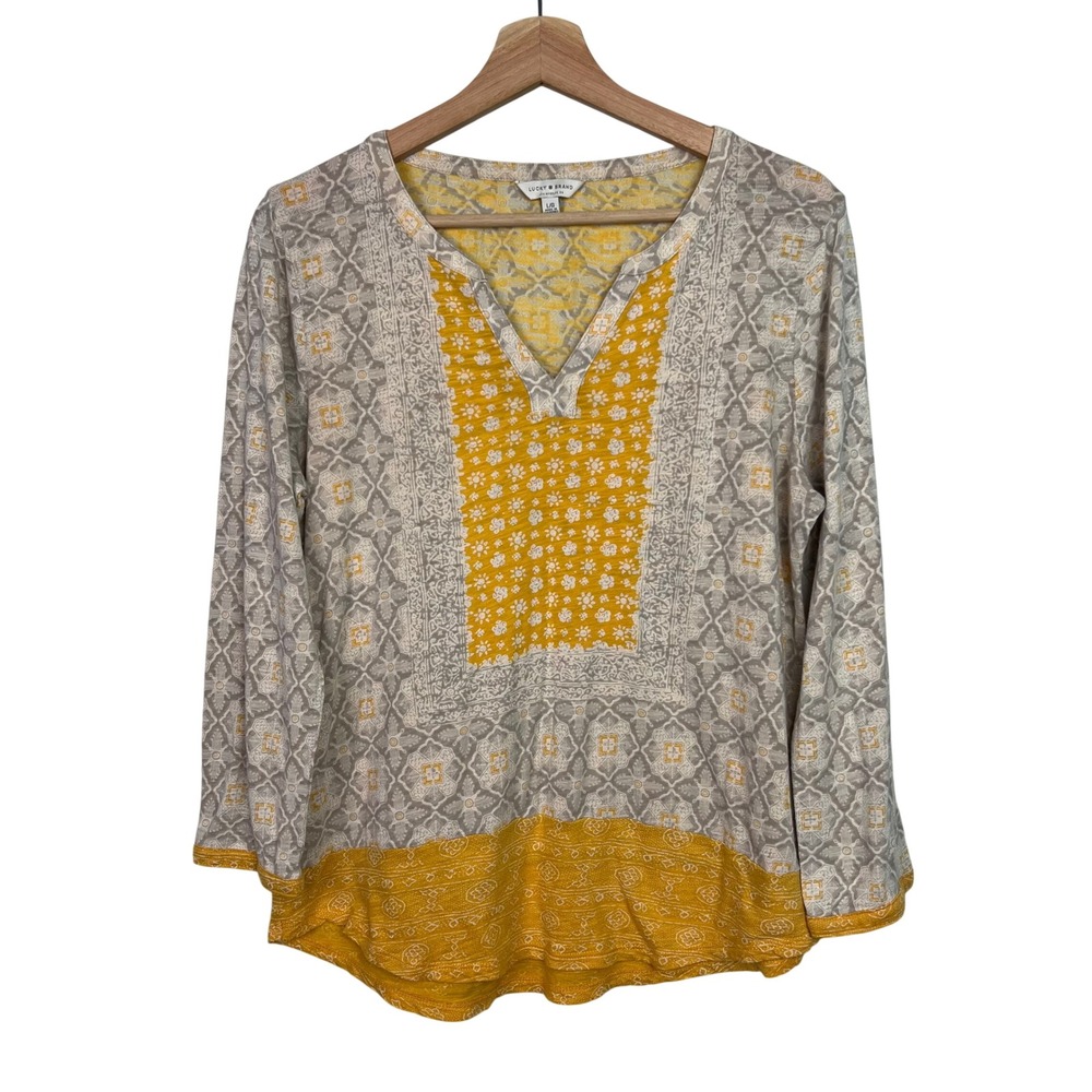 Lucky Brand Womens Large V‎ Neck Long Sleeve Top Boho Print Yellow Gray
